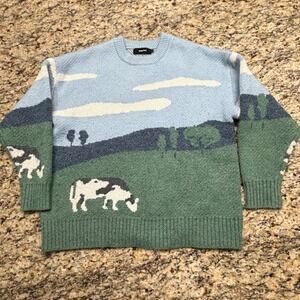 Vamtac Cow Landscape Intarsia Knit Sweater Blue Green Pastoral Scene Womens S